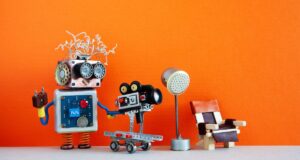 Robot cameraman shoots motion picture television episode or movie. Funny robotic filmmaker operator with retro camera, director chair and spotlight behind the scenes. Orange background copy sp