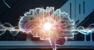 A generated image of a holographic AI brain with electrical current going into it